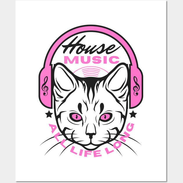 HOUSE MUSIC  - Headphone Cat (Pink/Black) Wall Art by DISCOTHREADZ 